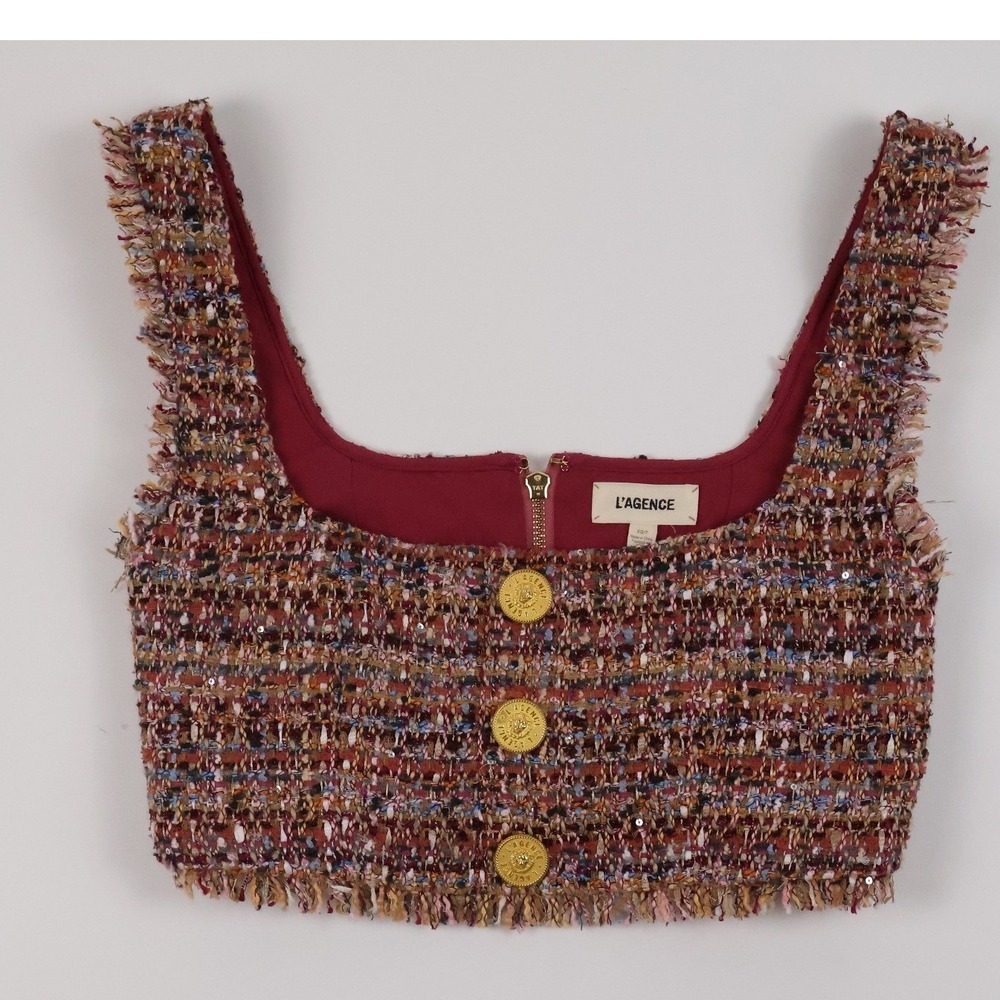 L'AGENCE Tweed Sequin Crop Top Multi Color Frayed XS New MSRP 325